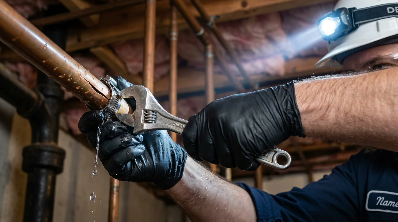 Emergency pipe clamp repair being performed by a Johns Plumbing LLC plumber in Powhatan Point