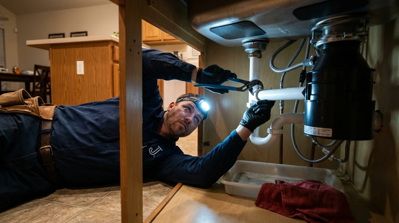 P-trap and supply line connections under a kitchen sink showing a common leak point in Powhatan Point, OH